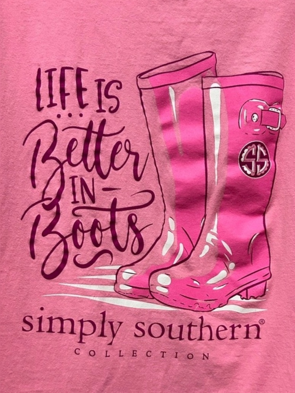 Simply Southern Pink Graphic T-shirt that says “Life is Better in Boots” on back